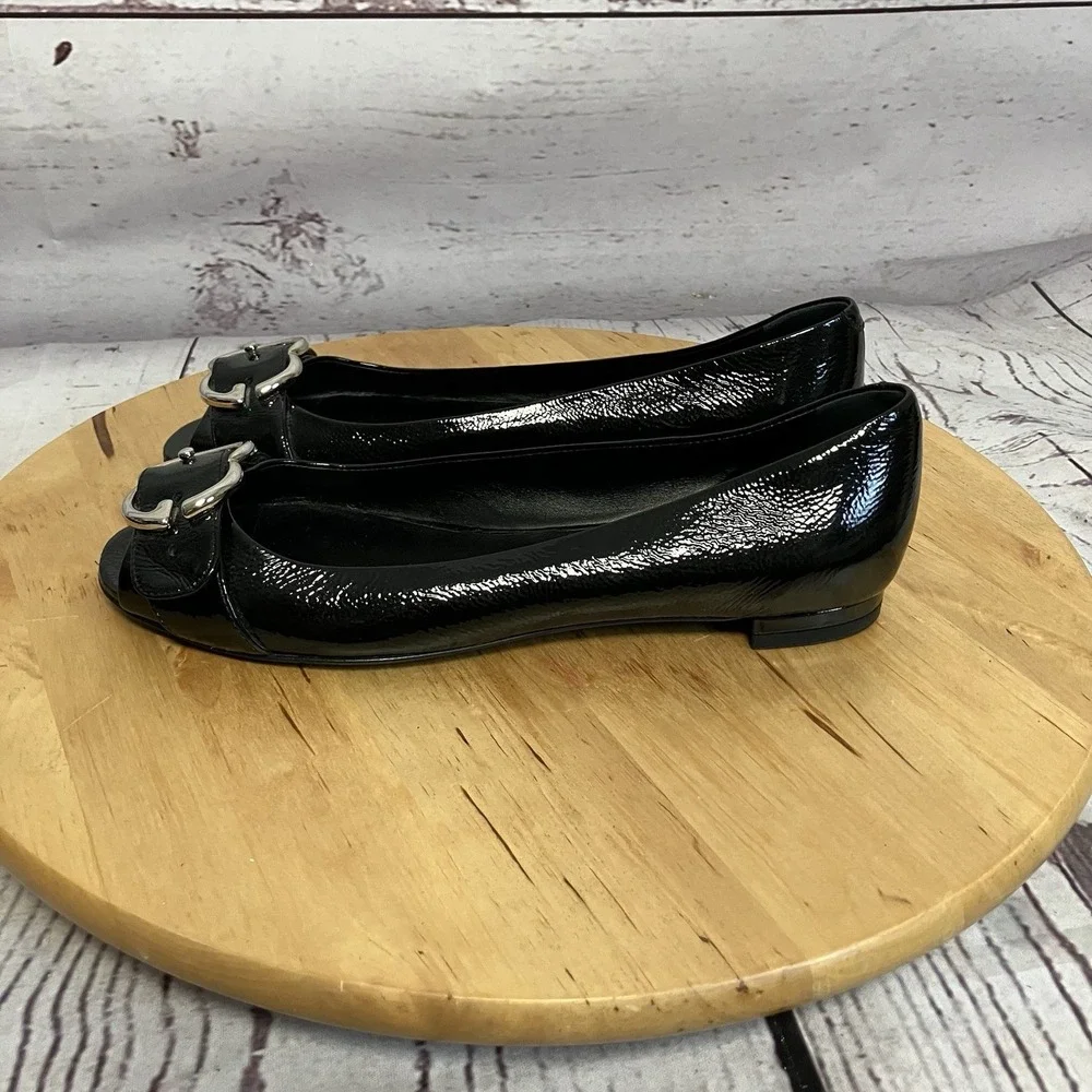 Gucci Ballet‎ Flats Womens Size 37EU 7US Black Leather Buckle Peep Toe